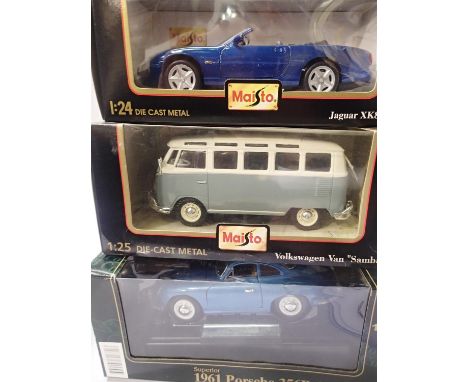 Three 1:24 scale cars; Maisto VW Van, Jaguar XK8 and Superior Porsche 356, excellent condition, boxed. P&amp;P Group 2 (£18+V