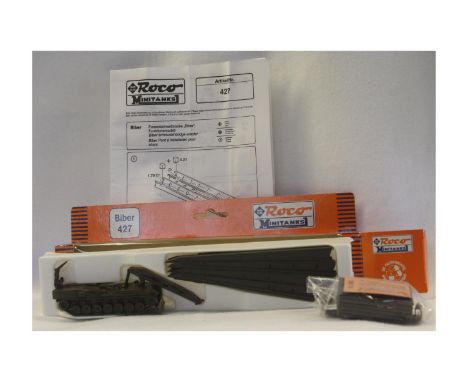 H0 Vehicles, Roco Minitanks. 1X No. 427 Biber Bridge laying tank with bridge tracks &amp; detailing parts. 1X No. 448 Hummel 
