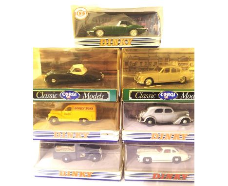 Seven 1:43 scale diecast cars; Dinky DY1, DY5, DY8, DY12, DY15, Corgi Classics Jaguar XK 120, Jaguar MK11. P&amp;P Group 1 (£