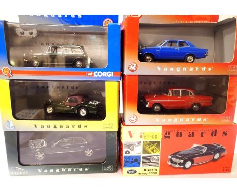 Six Vanguards 1:43 scale cars; Austin 3000, Viva, Victor, Morris 1300, Triumph TR3A, Jaguar XJ6, mostly excellent condition, 