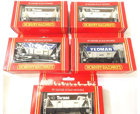 Five Hornby Hopper wagons, Tarmac x3, Yeoman x2 in very good condition, boxed. P&amp;P Group 1 (£14+VAT for the first lot and