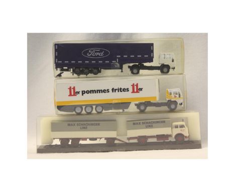 H0 Vehicles, 1x Brekina 6 wheel truck &amp; 12 wheel trailer, red chassis white cab and trays grey canopies, lettered for Max