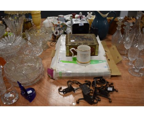 An interesting assortment of items, a WII fit, Roberts alarm clock , vintage tin and hooks, also a 1960s masonic mug....