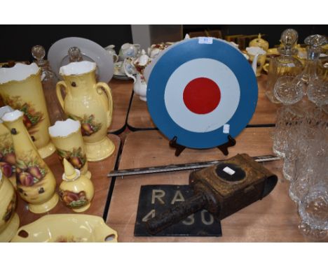 A vintage carriage lamp, possibly railway, vintage number plate, and similar.