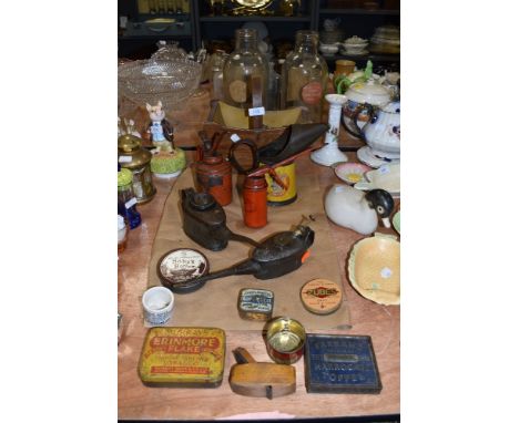 A collectable selection of oil cans, tins and a Ceramic advertising pot 'The Egyptian salve'