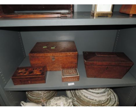 A selection of wooden cases including Marquetry, writers case and tea caddy