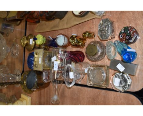 A collection of glass and metal including Brass pan having lidded spout, carriage clock, ink wells and more.
