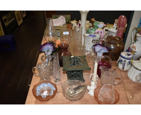 An assorted lot of vintage glass and similar including oil lamp, vases, jug and more.