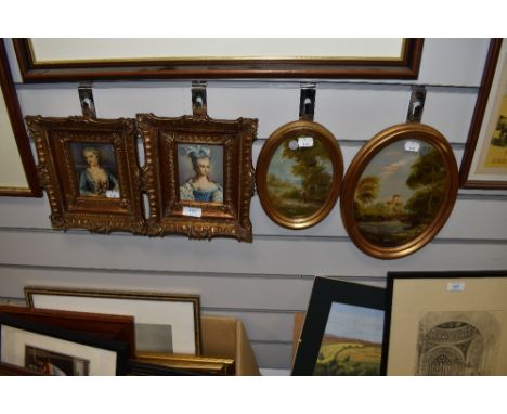 A pair of porcelain style plaques depicting regency style ladies in portrait with gilded frames, and similar continental goua