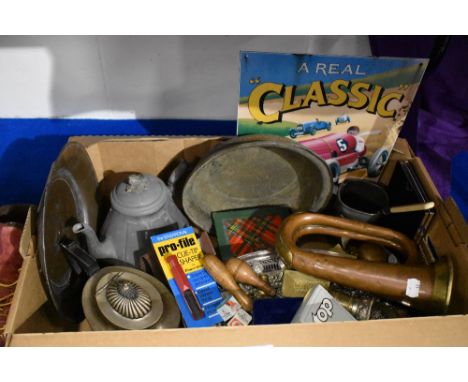 A reproduction tin plate 'Classic Cigars' advertising sign, a copper hunting horn AF, a Ronson Varaflame cigarette lighter an