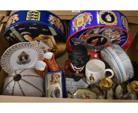 A miscellaneous selection of items including a reproduction money box, a five piece dressing table set, a vintage glass lamp 