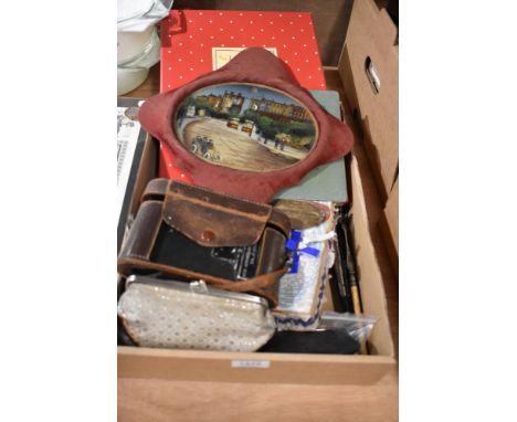 A selection of curios and trinkets including pocket knives, enamel pin badges and sew on scout patches, two Crooklands Mill n