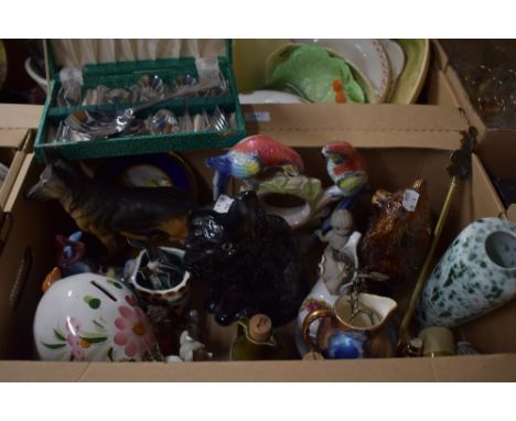 A selection of collectables including a Goebel Bullfinch study, floral pig money box, cat study and Staffordshire style dog, 