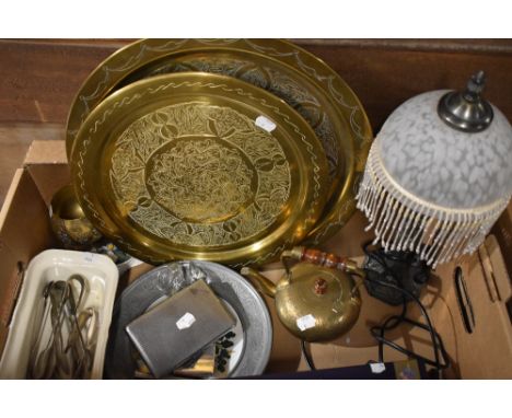 An assortment of items including two middle eastern brass trays, a boxed Royal Worcester 'Evesham'  cake slice, a small bedsi