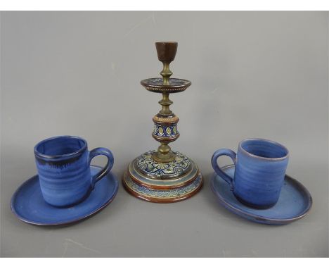 Royal Doulton Lambeth Ware Candle Stick, together with a part Ludovic pottery coffee set, comprising seven demi-tasse and sau