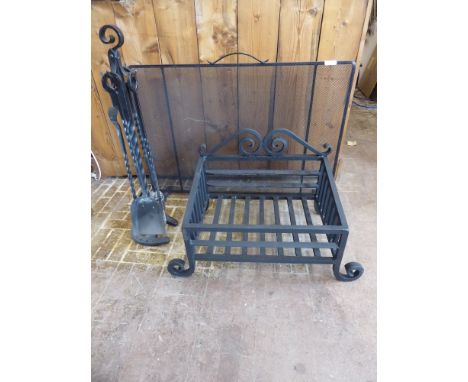 A Quantity of Fireside Furniture, including a black mesh fire screen, a black fire basket and a quantity of fire irons.&nbsp;