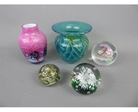A Pink Caithness Bottle Vase with black heart shaped pattern to base, approx 14 cms high, together with a Mdina green and yel