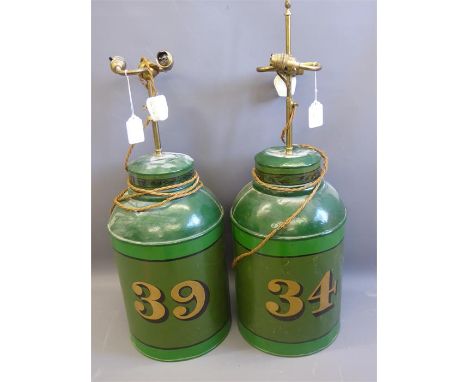 A Pair of Green Enamel Milk Urn Lamp Bases, wired for electricity, approx 77 cms, the urns painted with numbers 34 and 39.