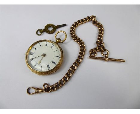 A Lady's 18 ct Yellow Gold Open Faced Pocket Watch, circular white enamel dial with black Roman chapters and gold spade hands