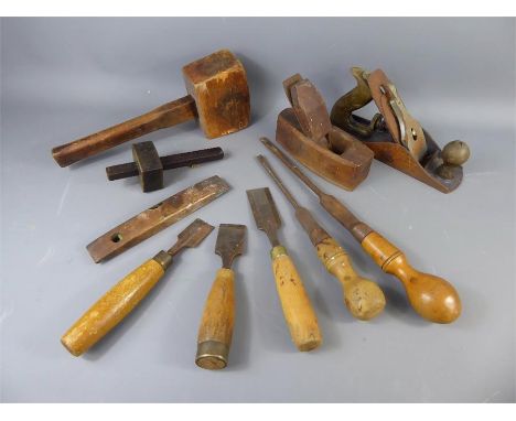 A Collection of Vintage Wooden Hand Tools, including saws, hammers, chisels, planes etc., including some in an original woode