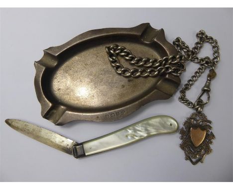 Miscellaneous Silver Items, including a mother-of-pearl pen knife, fob chain Birmingham hallmark mm S. Bros and a silver asht