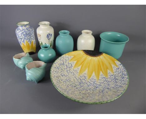 A Quantity of Vintage Turquoise Poole Pottery, including two small vases, a planter, two shells, a cream glazed vase together