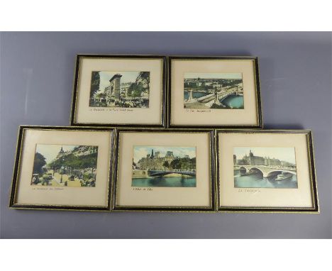 Five Vintage Photographic Prints depicting various Parisian scenes, including 'Hotel de Ville', 'La Conceirgerie', 'Le Boulev