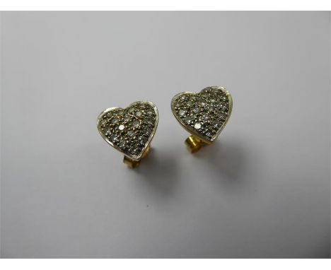 A Pair of Vintage 18ct Yellow Gold Heart-Shaped Diamond Earrings, the earrings pave set with approx 35 pts dias, (one butterf