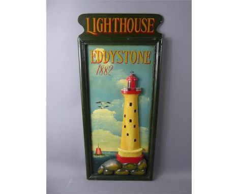 A vintage Hand-Painted Wooden Relief Advertisement Sign Board, 'Eddystone Lighthouse 1882', approx 74 x 32 cm.