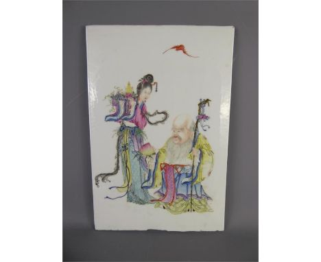A 19th Century Chinese Hand Painted Tile, the tile depicting a wise man in elaborate robes bearing a peach and a young woman 