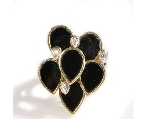 A 1970's agate and diamond set teardrop cocktail ring, as stepped layers set with the stones, 14.3 grams, ring size R