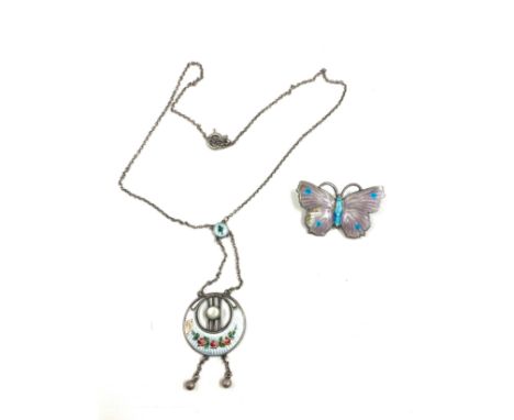 Antique silver and enamel butterfly brooch and pendant 
