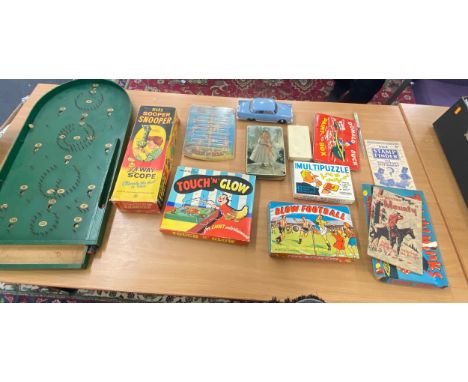 Box of vintage toys and games to include bagatelle, marx etc 