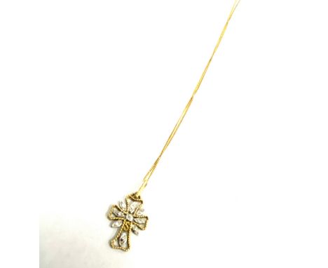 Ladies 9ct Gold cross on chain, small diamond set to centre total weight 3.3grams 