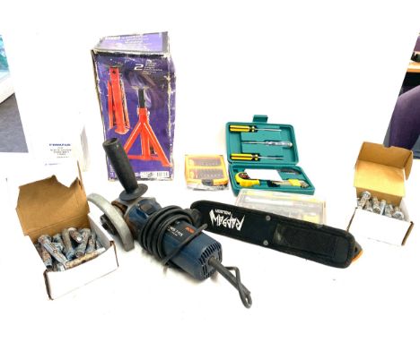 Selection of assorted tools includes Tools, screw driver set, Bosch circular saw etc 