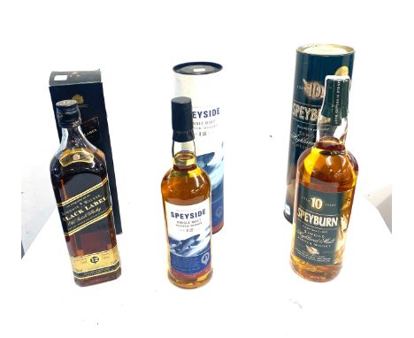 3 Boxed bottles of Whiskey includes Johnnie Walker Black label, Speyside single malt, Speyburn Hignhland malt scotch whiskey 