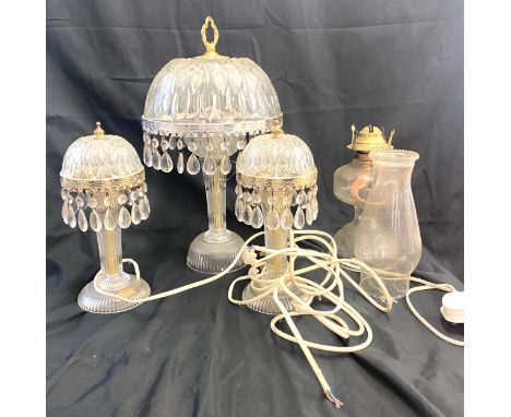 3 glass shade lamps, 1 oil lamp, all untested, all various sizes 