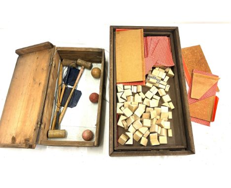 Boxed vintage table top Croquet set, vintage box of house building blocks 