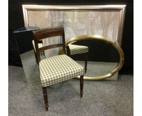 A 19th century mahogany bar back dining chair, turned fore legs, stuffed over seat;  a mirror door bathroom wall hanging corn