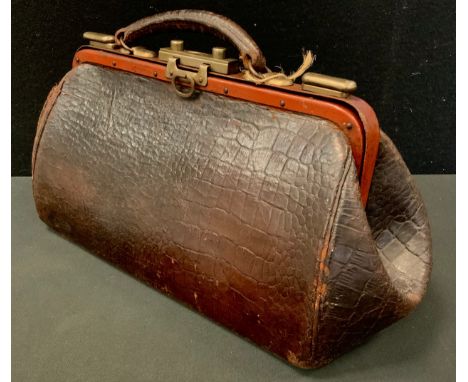 A Vintage faux Crocodile skin leather doctors bag, late 19th, early 20th century. 