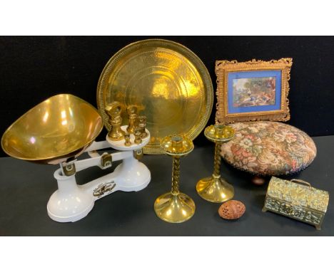 A set of white and brass kitchen scales and weights;  a pierced pomander;   a pair of brass candlesticks;  a foot stool;  bra