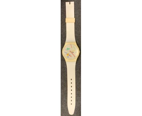 A Swatch Watch Adverting Wall Clock, AG 1987, white strap, 31cm diameter. 