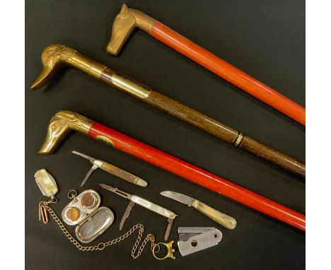 Boxes &amp; Objects - a brass duck handled hip flask walking stick;; others Horse head sticks;  sovereign and half sovereign 