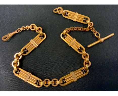 A Canadian gilt metal fancy link Albert Chain, T bar terminal, 33cm long, stamped L R Canada 