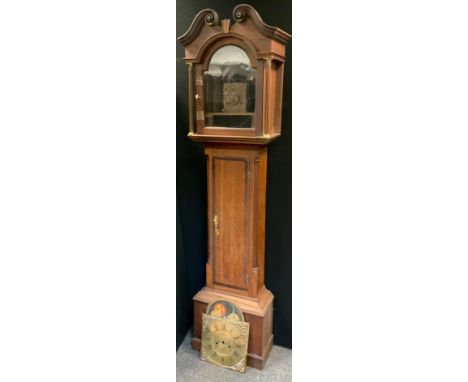 A George III oak longcase clock, arched brass dial with rolling moon phase, inscribed Malkin Kirkby, Roman and Arabic numeral