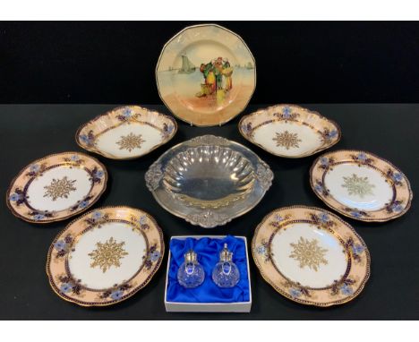 A 19th century Aynsley part dessert set, pair of lozenge bowls and four side plates;  silver plated Mappin &amp; Webb Comport