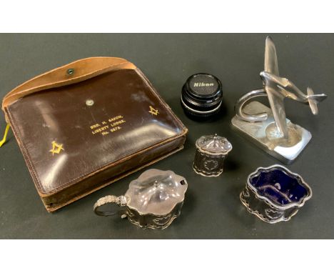 A 19th century Sheffield Belman's plate three piece cruet set;  Spitfire Ashtray;  Masonic apron;  Nikon 50mm camera lens etc