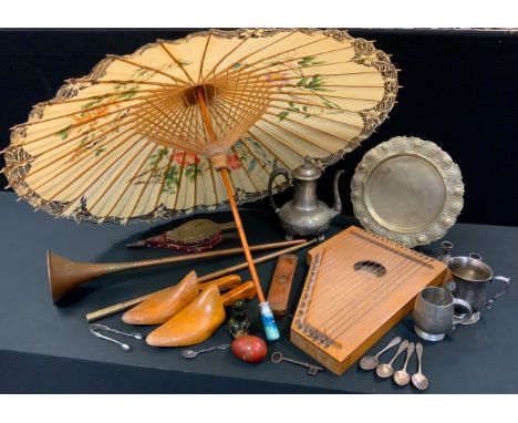 Boxes and Objects - a brass hunting horn, parasol;  zither, plated ware;  etc 