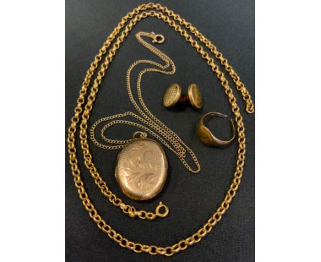 A 9ct gold oval locket pendant necklace;  9ct gold signet ring, 7.6 g gross;  a gold plated necklace etc 