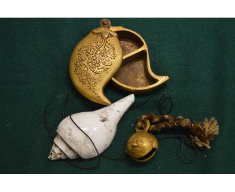 An Islamic metal spice box with hinged cover and another item.